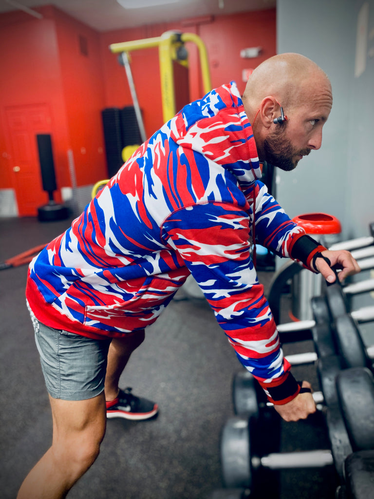 Red, White & Blue Camo Lifting Sweatshirt - Reps Over Rest