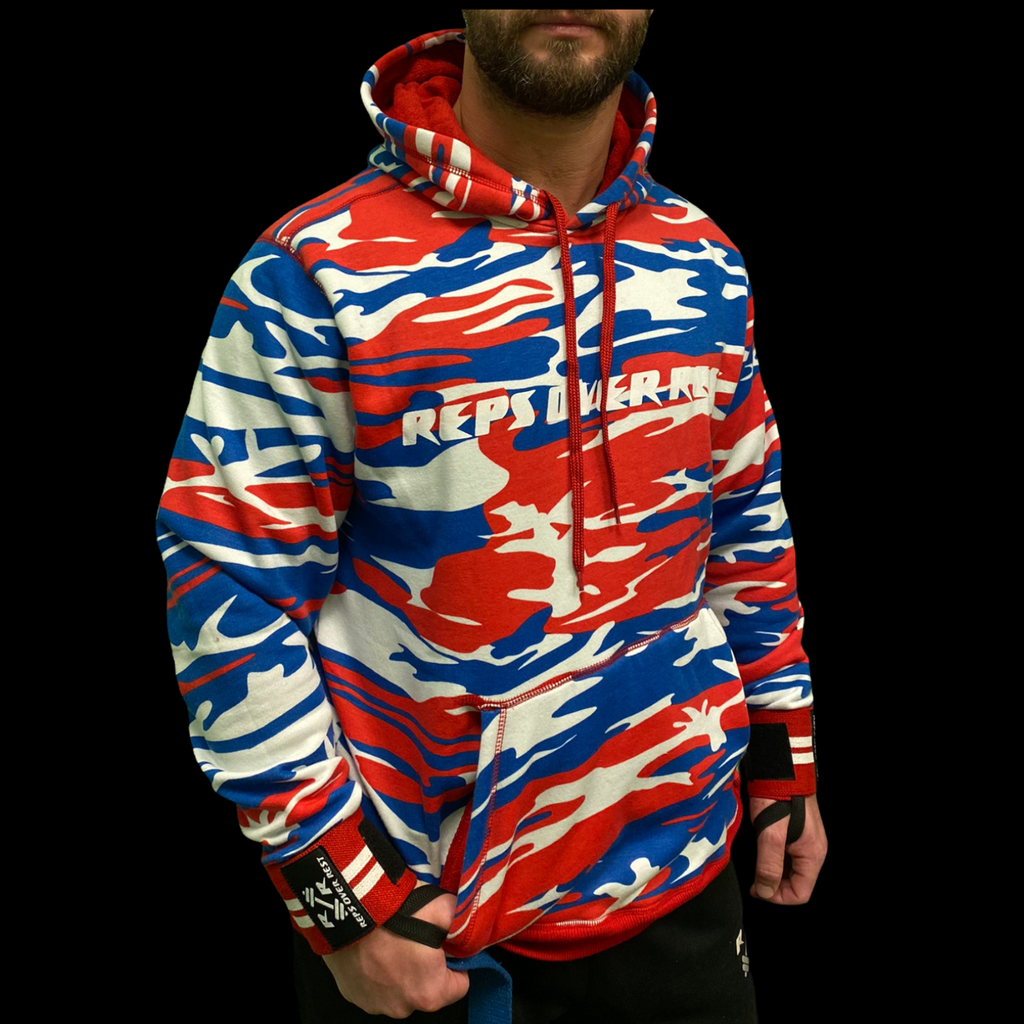 Blue red deals and white hoodie